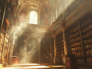 Sunlit Antique Library Interior with Bookshelves and Golden Rays