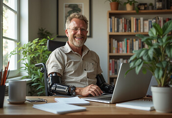 A man in a wheelchair with prosthetic arms works on a laptop computer at a table