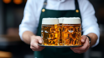 Wall Mural - man in a white shirt and green apron holding a tray with three large beer mugs at German pub Oktoberfest 