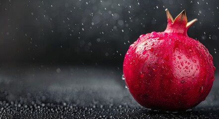 Wall Mural - Fresh Pomegranate With Raindrops On Dark Surface