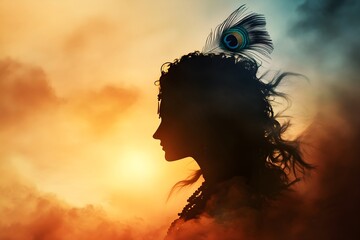 Silhouette of Hindu god Lord Krishna with peacock feather on sunset. Krishna Janmashtami, Govardhan Puja. Indian religious festival. Background for banner, poster, greeting card with copy space 