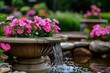 © DachAI - A small, beautifully designed water fountain adorned with pink flowers in a lush garden setting, offering a perfect blend of water and floral elements in harmony.