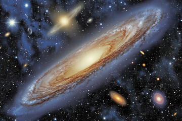 Wall Mural - an image showcasing a galaxy surrounded by cosmic phenomena like supernovae and gamma-ray bursts, sy