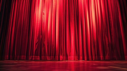 Wall Mural - A close-up view of a red stage curtain with a spotlight illuminating the bottom.