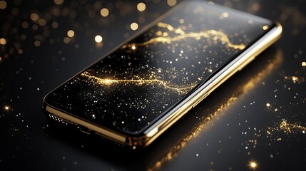 Smartphone with a sparkling gold design on a dark background