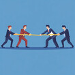 © Dzmitry - Four business professionals engage in a tug-of-war with a rope, symbolizing competition and negotiation dynamics in a modern corporate setting