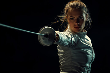 A fencer poised for victory in a dramatic lighting setup during an intense match