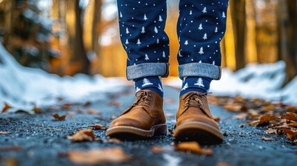 Sticker - A person wearing shoes and patterned socks is standing on a snowy ground with fallen leaves. AI.