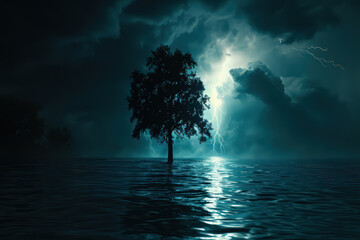 Wall Mural - an image of a lone tree standing steadfast against a backdrop of dark, dramatic clouds, embodying re
