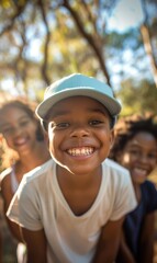 Canvas Print - A young boy smiles at the camera, surrounded by friends. AI.