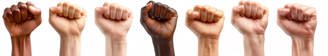 A series of different hands raised in a fist pose