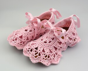 Canvas Print - Handmade pink baby booties with ribbon bows. AI.