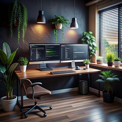 Modern workspace for web developer with bis codding screen