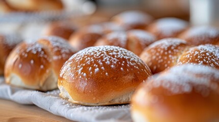 Wall Mural - Freshly Baked Sweet Buns on a Table With Light Dusting of Sugar