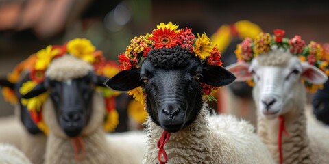 Poster - Sheep wearing flower crowns. AI.