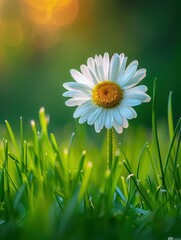 Wall Mural - A single daisy blooms in a field of green grass. AI.