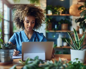 Wall Mural - A woman in scrubs works on a laptop in a plant-filled room. AI.