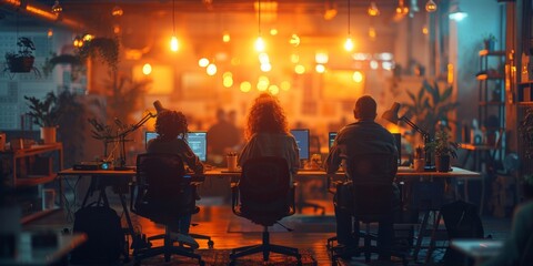 Tech team coding together in a sleek office, focused on solving complex problems with synergy and innovation