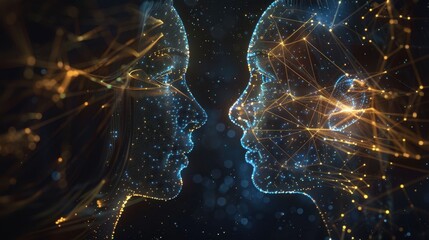 Wall Mural - digital representation of two human faces connected by intricate networks of light and data.