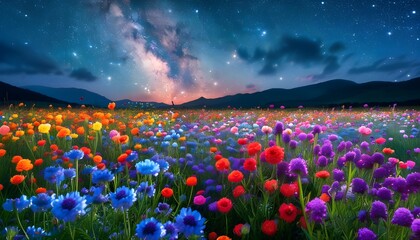 Wall Mural - The colorful sea of flowers under the stars and the gorgeous Milky Way complement each other, showing the beauty of nature.