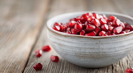 Wall Mural - Fresh Pomegranate Seeds in a Bowl on Wooden Table