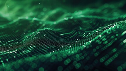 Wall Mural - abstract green digital landscape with intricate networking dots and lines resembling a wave pattern.