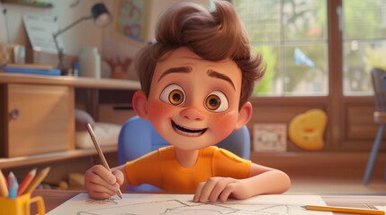 A kid with a thoughtful expression while drawing a picture. Animated character, C4D model rendering, 3D rendering - Generative AI