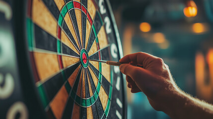 a dart player pulls his dart out of the dartboard after shooting a bullseye in a pub