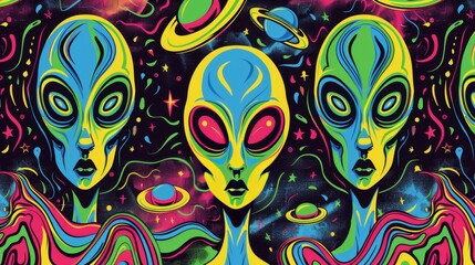 Vibrant Alien Head Amidst Cosmic Planets Illustration