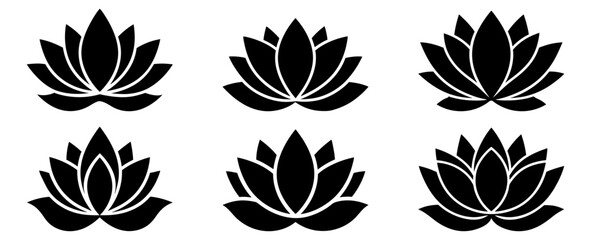 Poster - Lotus flower icon. Set of drawn lotus flowers isolated on white background. Black flowers. Vector illustration