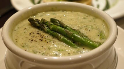 Wall Mural - Creamy Asparagus Soup Bowl Garnished with Fresh Specks. Truffled Cream of Asparagus Soup