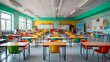 © useful pictures - Empty sunny classroom with chairs under desks in elementary school. School during vacation or holidays, A teaching classroom without student during term break or the end of semester in kindergarten
