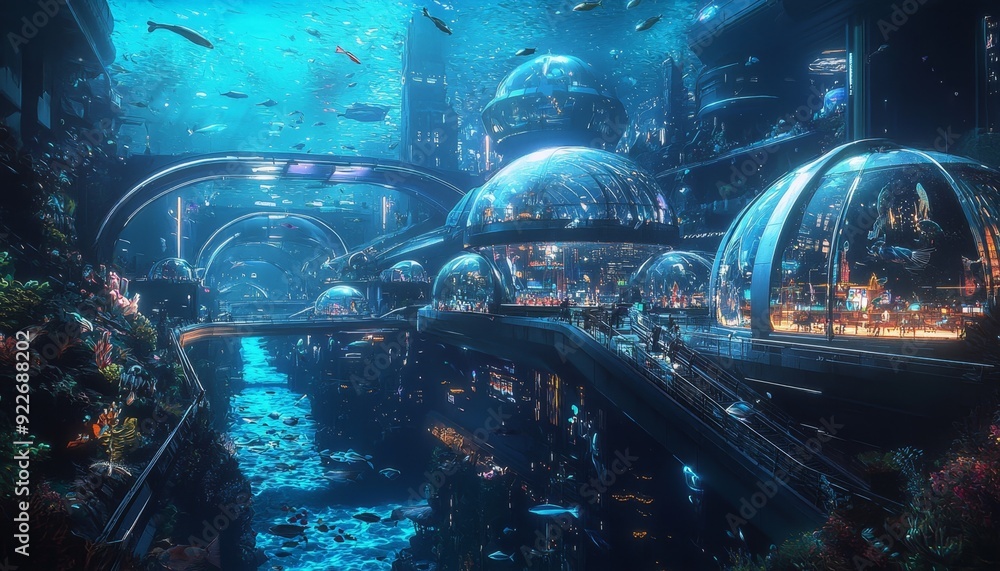 Underwater Cityscape with Futuristic Architecture and Marine Life Stock ...