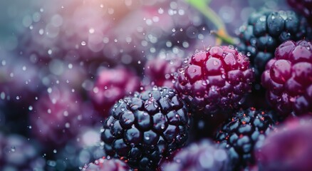 Wall Mural - Fresh Blackberries With Green Leaves Gathered on a Table