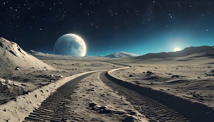 Wall Mural - On the vast surface of the moon, the starry sky is bright, and the earth and other stars are hanging in the sky, making it very sci-fi.