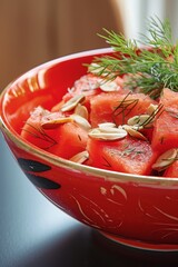 Wall Mural - Fresh Tomato Salad with Dill and Almonds in Decorative Bowl. Watermelon Salad with Almonds and Dill