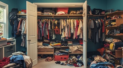 cluttered closet overflowing with clothes and items