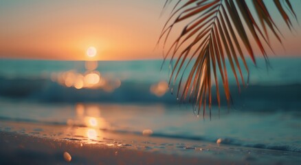 Wall Mural - Sunset Over Waves With Palm Leaf on Beach in Warm Evening Glow