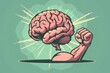 © umut hasanoglu - Illustration of a brain flexing an arm muscle symbolizing mental strength and power on a teal background.