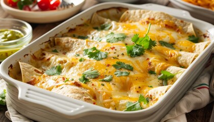 Wall Mural - Cheesy Enchiladas in Baking Dish Garnished with Fresh Cilantro. Easy Green Chicken Enchiladas