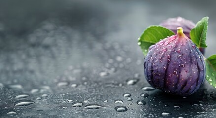 Wall Mural - Fresh Fig With Dew Drops on Dark Surface