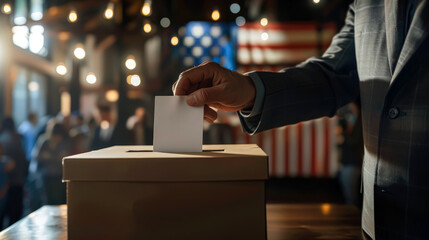 A man is putting a vote in a box. Scene is serious and focused. concept of voting in presidential elections