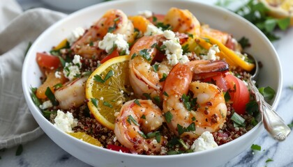 Wall Mural - Fresh Shrimp Quinoa Salad with Citrus and Feta Cheese. Citrus, Shrimp and Quinoa Salad with Feta