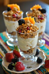 Wall Mural - Fresh Fruit Parfait Assortment with Yogurt and Granola. Breakfast Parfaits with Fruit, Yogurt and Granola