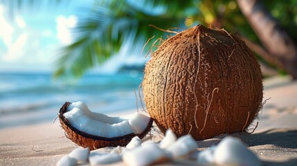 Close-up of a coconut on a beach, with soft sand and ocean waves in the background. A tropical scene that captures the essence of beach life and natural beauty