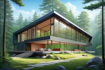 3d rendering of modern cozy house with parking for sale or rent in beautiful forest. Black wood plank facade. Clear sunny summer day with blue sky.