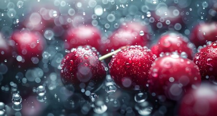 Wall Mural - Fresh Cherries With Water Droplets on Reflective Surface in Soft Light