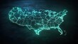 © Serge - 3d rendering of map with glowing lights in the shape of united states, light blue and green colors on dark background, futuristic design, data visualization concept