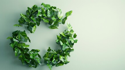 Wall Mural - Green leaves arranged in a circle on a light green background.