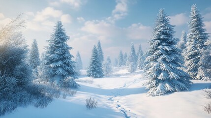 Sticker - A snow covered path leading to a forest of trees, AI